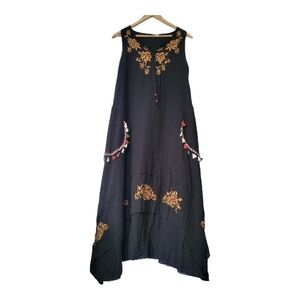 Boho Black Maxi Dress with Gold Floral Embroidery .Hand Looms Cotton Fabric
